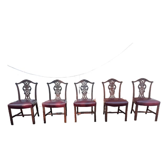 Antique Chippendale Style Mahogany Leather Seat Dining Side Chairs For Sale
