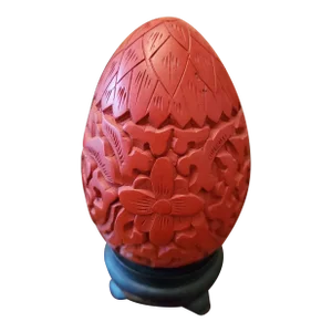 Vintage Chinese Cinnabar Lacquer Signed Egg Carved