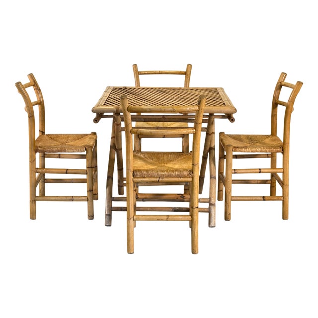 Folding Bamboo Table and Chairs, 1970s, Set of 5 For Sale