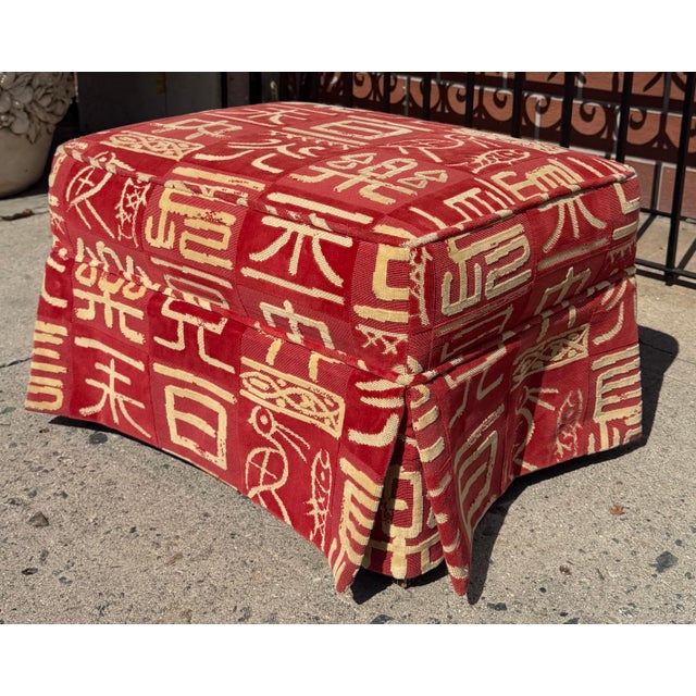 1990s Clarence House Kanji Red Chinoiserie Cut Velvet Ottoman For Sale - Image 5 of 7