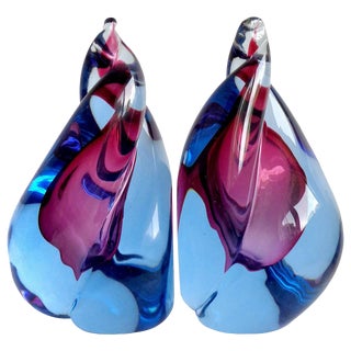 Alfredo Barbini Murano Sommerso Purple Blue Flame Italian Art Glass Bookends For Sale