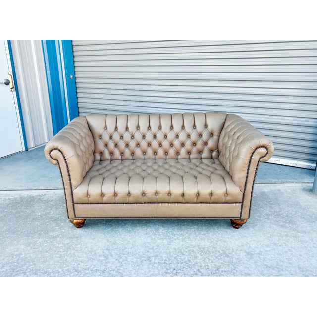 1970s Vintage Tan Leather Tufted Chesterfield Loveseat For Sale - Image 9 of 12