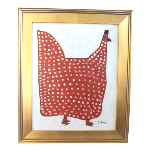 Folk Art Red Chicken Hen Rooster Painting Ruth Arenz Including the Antiqued Gold Wood Frame For Sale