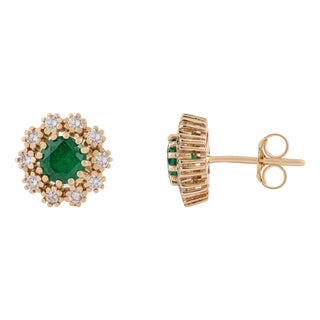 1.08ct Round Emerald & Diamond Halo Cluster Stud Earrings in 14k Yellow Gold- A Pair For Sale