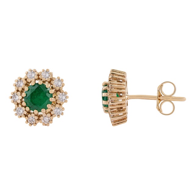1.08ct Round Emerald & Diamond Halo Cluster Stud Earrings in 14k Yellow Gold- A Pair For Sale