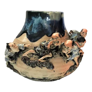 1920s Sumida Gawa Vase With Figures by Famous Potter Ishiguro Koko