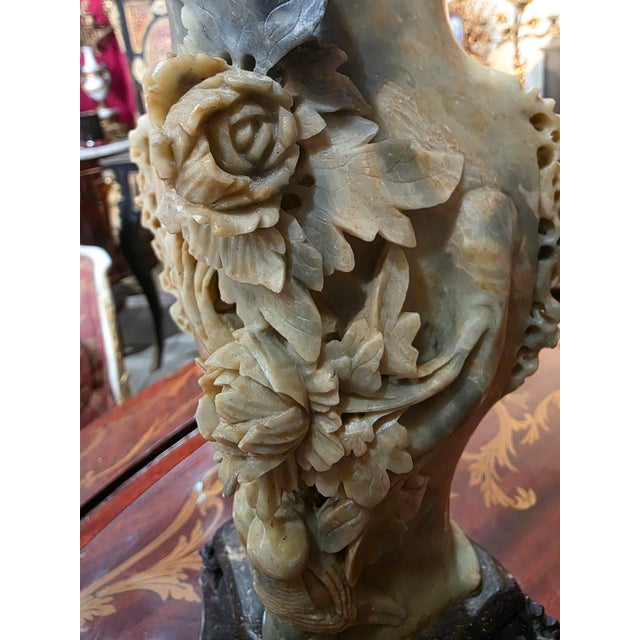 Cream Mid 20th Century Large Chinese Hand-Carved Soapstone Vase With Floral, Butterfly & Bird Relief on Stand, 11.7"h For Sale - Image 8 of 10