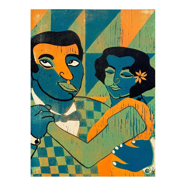 1986 Rebecca Bleecher Tango in Turquoise Woodblock For Sale
