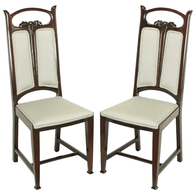 Art Nouveau Mahogany Side Chairs With Dove Grey Wool Upholstery - a Pair For Sale