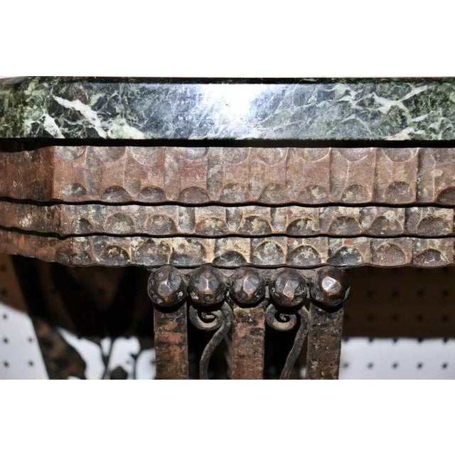 Edgar Brandt Attributed Wrought Iron Verdi Marble Top and Base Console Table For Sale - Image 12 of 17