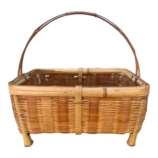 Natural Woven Wicker Bamboo Rattan Footed Basket With Handle For Sale