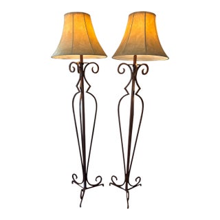 Vintage Spanish Revival Scrolled Wrought Iron Floor Lamps With Antiqued Shades – Pair For Sale