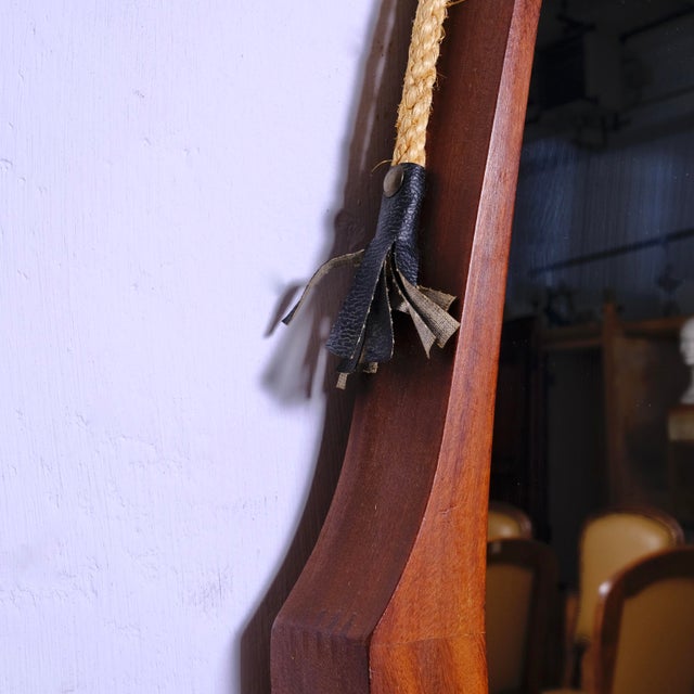 Vintage Oval Teak Mirror with Rope and Leather Details, 1950s For Sale - Image 6 of 13