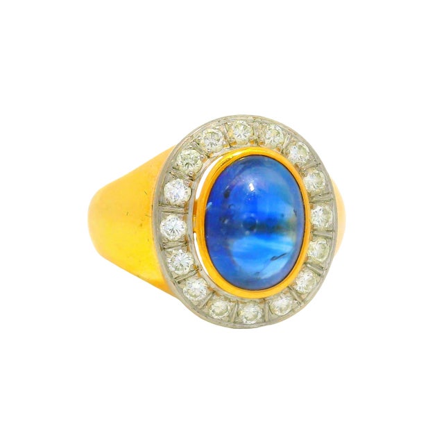 3.00 Carat Blue Sapphire Diamond 18k Gold Bezel Halo Ring, Size 9 For Sale - Image 4 of 7