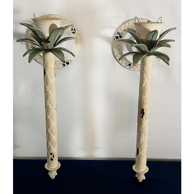 Pair of Mid 20th Century Italian Hollywood Regency Cast Metal Palm Tree Toleware Candle Sconces For Sale In Houston - Image 6 of 8