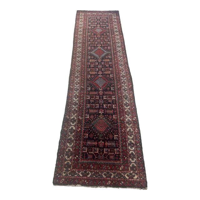 Vintage Persian Runner Rug – Handwoven Wool, Geometric Tribal Design For Sale