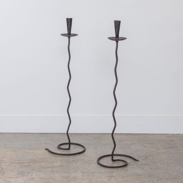 Black 1950s Pair of Tall French Iron Wavy Candlesticks For Sale - Image 8 of 10