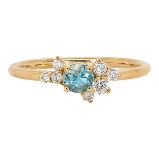 Cambodian Blue Zircon Ring With Earth Mined Diamond Accents in 14k Gold | Rd 4mm, Size 6.75 For Sale