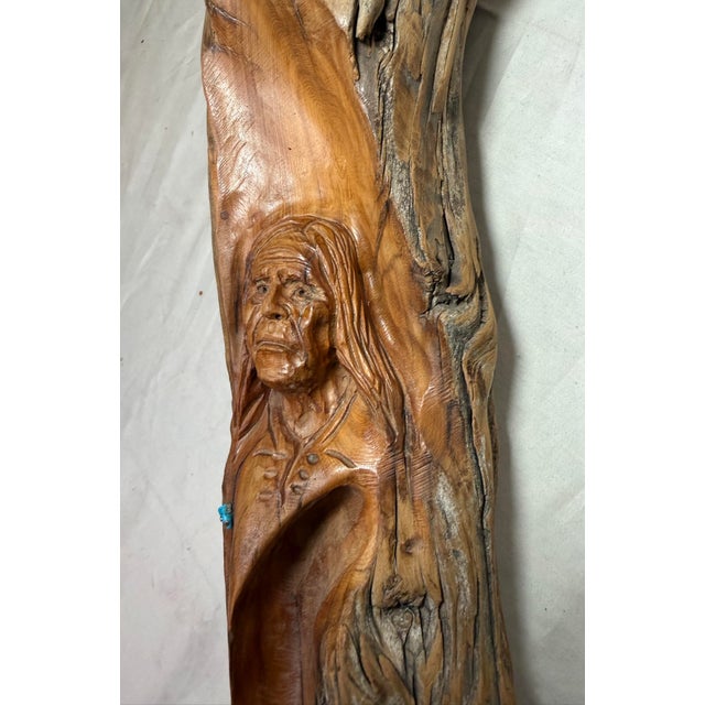 1970s Vintage 75' Hand Carved Native American Indian Drift Wood Stone Wall Sculpture For Sale - Image 5 of 13