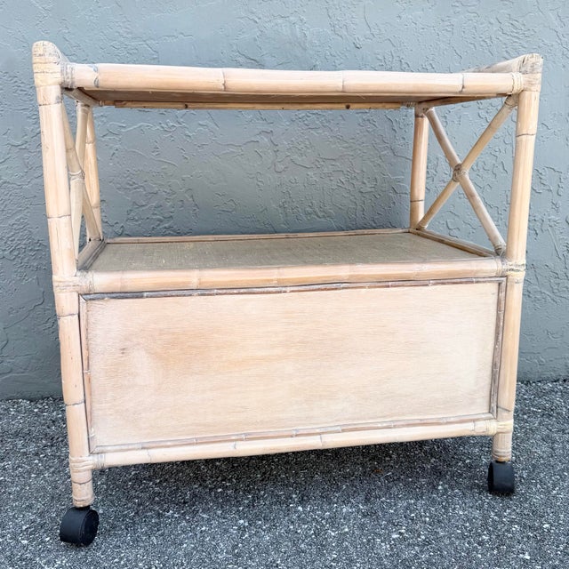 Cream Boho Chic White Washed Bamboo Reed and Grass Cloth Bar Cart For Sale - Image 8 of 9