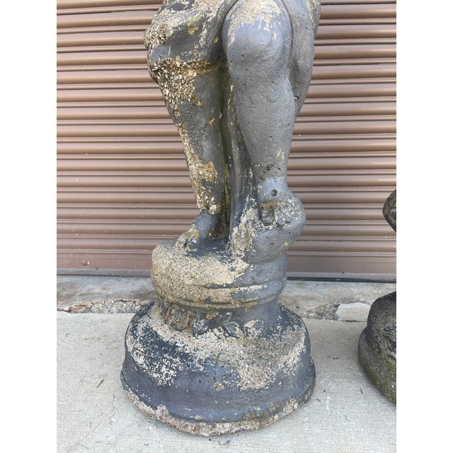 1940s Pair of Grand 39" Tall Neoclassical Cast Stone Putti Figure Planters With Mossy Patina For Sale In Mobile - Image 6 of 14