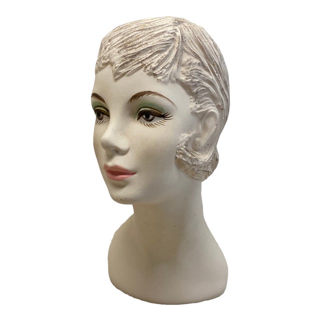 Vintage 1970s Hat Wig Stand Head Store DIsplay Long Neck Ceramic Mannequin For Sale
