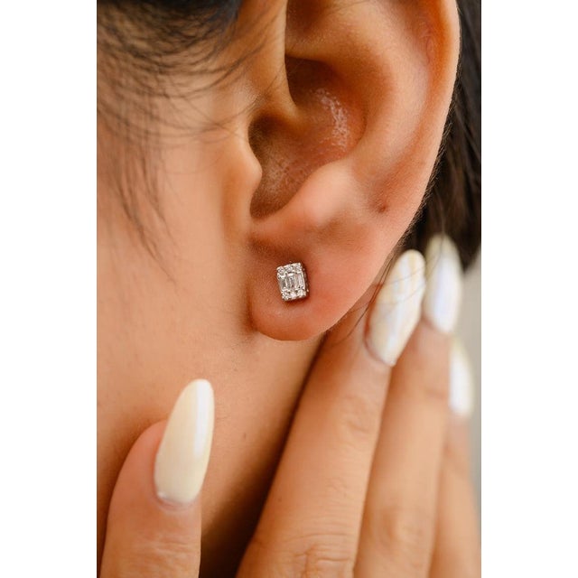 Dainty Diamond Illusion Stud Earrings Handcrafted in 18k Solid White Gold - a Pair For Sale - Image 4 of 6
