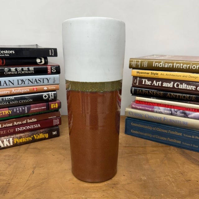 Rustic White and Copper Ceramic Vase with Olive Glaze Band For Sale - Image 3 of 10