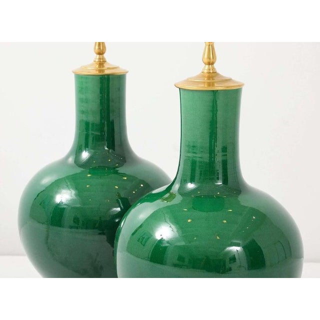 Pair of Emerald-Green Glazed Gourd Lamps For Sale - Image 4 of 6