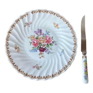 1970s Crown Staffordshire Fine Bone China England's Bouquet Pattern Cake Platter With Knife, Made in England- Set of 2