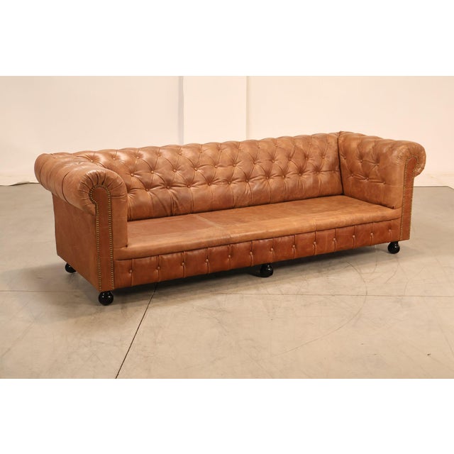 Chesterfield Style 8 Foot Distressed Brown Tufted Leather Sofa For Sale - Image 12 of 17