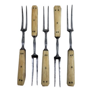 Antique Primitive Two-Tine Forks With Bone-Style Handles - Set of 5 For Sale