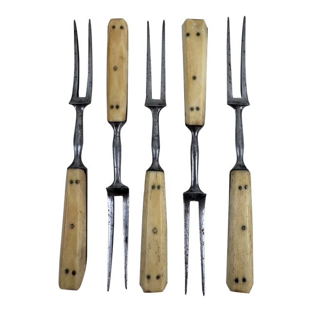 Antique Primitive Two-Tine Forks With Bone-Style Handles - Set of 5 For Sale
