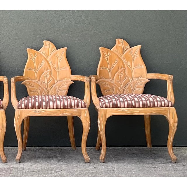 Almond Vintage Carved Wood Leaf Back Chairs in McLaurin and Piercy “Batak” - Set of 4 For Sale - Image 8 of 12