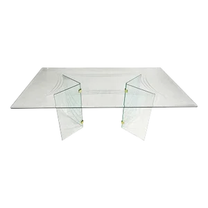 Vintage Modern All Glass Dining Table V Double Pedestal Base With Brass Plated Connectors Style of Pace