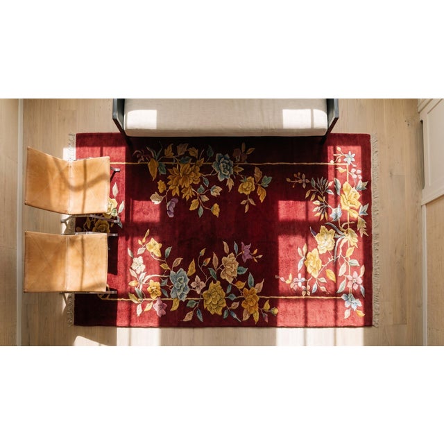 Raspberry Red 1920s Red Raspebery Floral Modern Antique Chinese Art Deco Rug 2'0" X 3'10" Hand Knotted Wool Carpet For Sale - Image 8 of 8