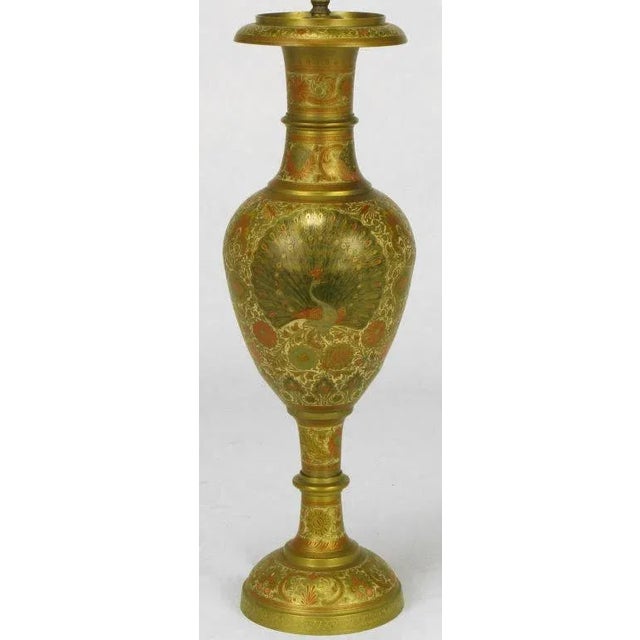 Incised Brass & Hand Painted Peacock Vase Form Table Lamp For Sale - Image 4 of 8