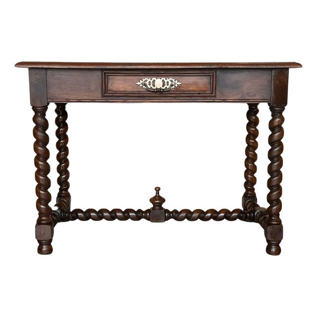 Antique French Walnut Desk with Drawer and Leather Top, 1890 For Sale
