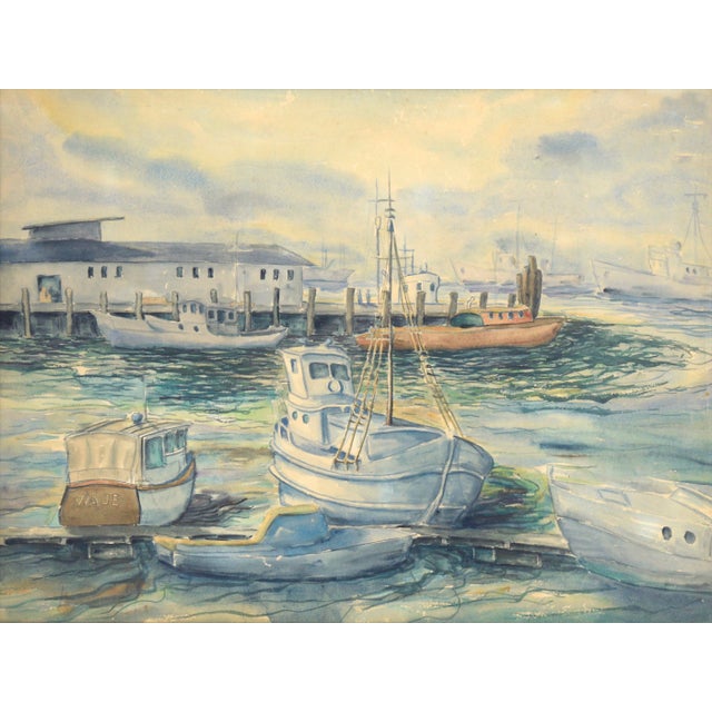 Watercolor of boats at the docks by Clarence Albert Taubenhein (American, 1902-1989). In the foreground, a few boats are...