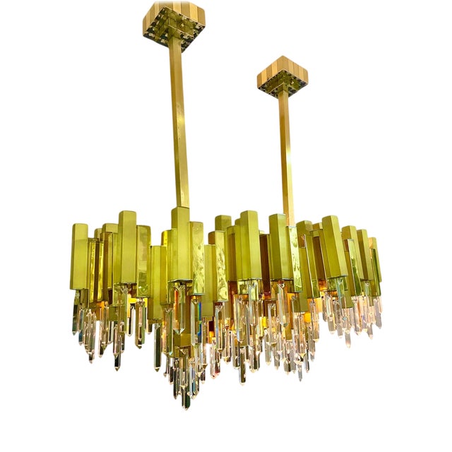 Crystal and Gilt Brass Chandelier attributed to BD Lumica, Spain, 1970s For Sale