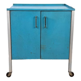 Vintage Industrial Blue Steel Rolling Cart Cabinet For Sale