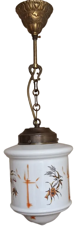 Art Deco German Ceiling Lamp with Opaque White Glass Shade with Colored Asian Decor on a Brass Mount, 1920s