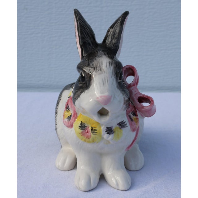 Farmhouse 1991 Fitz and Floyd Bunny Rabbit and Pansies Creamer Pansy Parade For Sale - Image 3 of 10