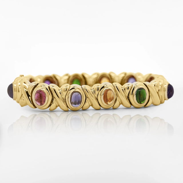 Metal 1990s 18k Gold Multi Color Gemstone Vintage Estate X Bezel Bracelet For Sale - Image 7 of 8