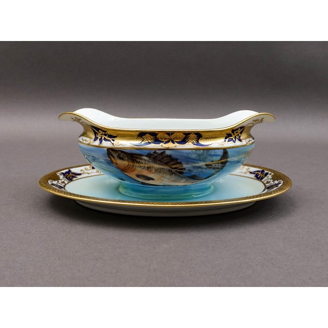 Mid 20th Century Noritake Japan Hand Painted Fish Trout Gravy Sauce Boat & Attached Underplate For Sale In Miami - Image 6 of 11
