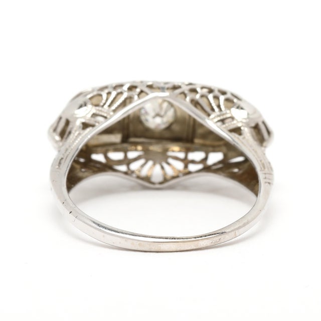 Modern Vintage .30ctw 3 Diamond Filigree Ring, 18k White Gold, Ring Size 5 For Sale - Image 3 of 5