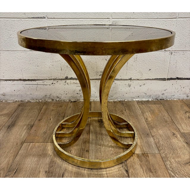 Vintage Hollywood Regency Art Deco Tulip Milo Baughman Style Brass & Glass Table For Sale - Image 10 of 11