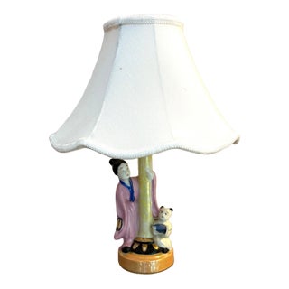 Small Ceramic Chinese Woman & Baby Lamp For Sale