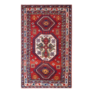Striking Jewel-Toned Lori Pambak Kazak Rug on Red Background Color With Medallion Pattern