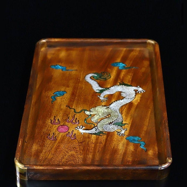 Vintage Rosewood Tray With Mother-of-Pearl Dragon - Brass Mounted Tea Tray For Sale - Image 4 of 9